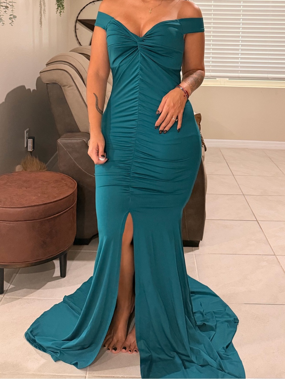 Amazon Off-Shoulder Teal Mermaid Evening Gown